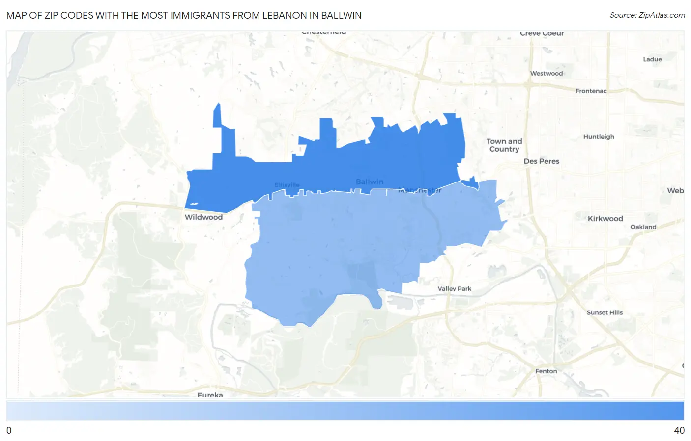 Zip Codes with the Most Immigrants from Lebanon in Ballwin Map