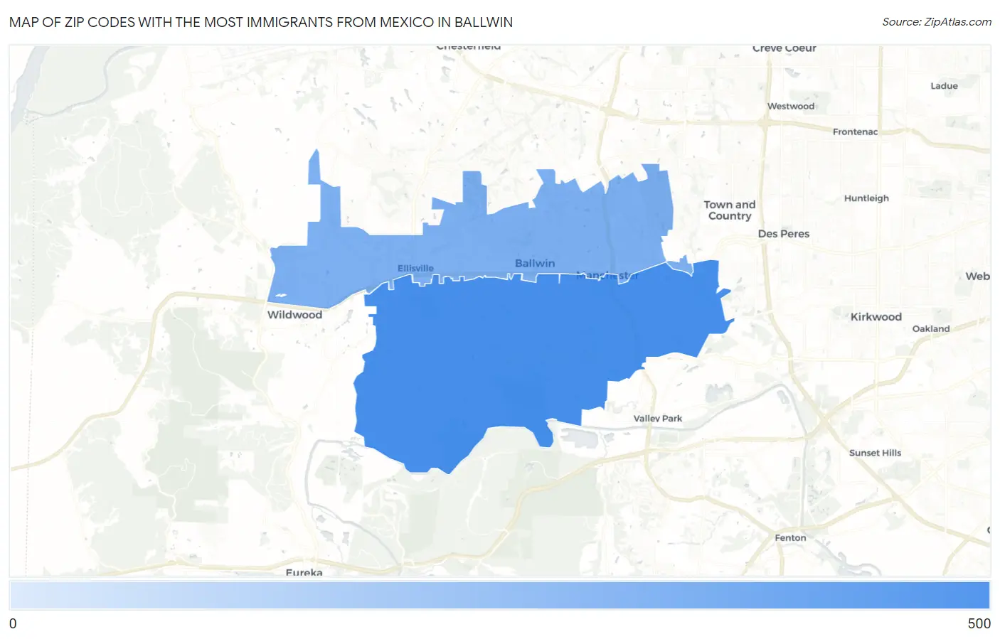 Zip Codes with the Most Immigrants from Mexico in Ballwin Map