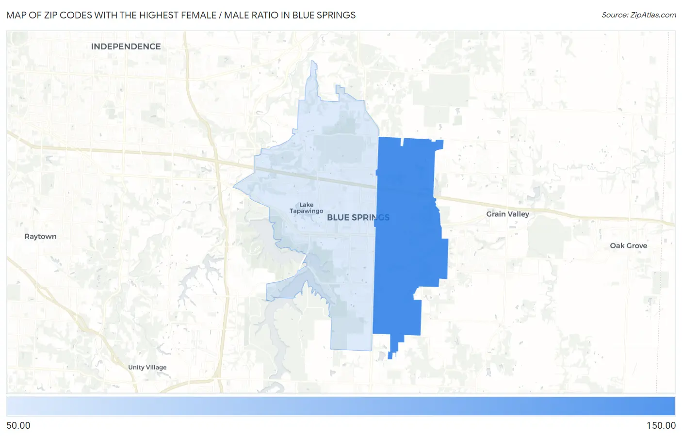 Zip Codes with the Highest Female / Male Ratio in Blue Springs Map