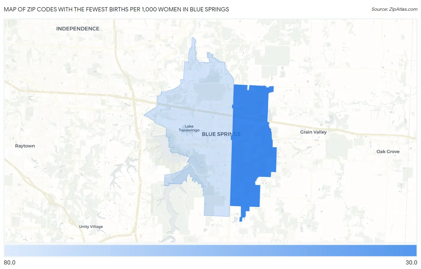 Zip Codes with the Fewest Births per 1,000 Women in Blue Springs Map