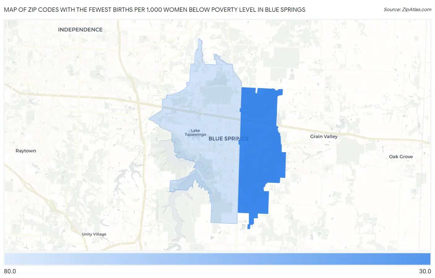 Zip Codes with the Fewest Births per 1,000 Women Below Poverty Level in Blue Springs Map