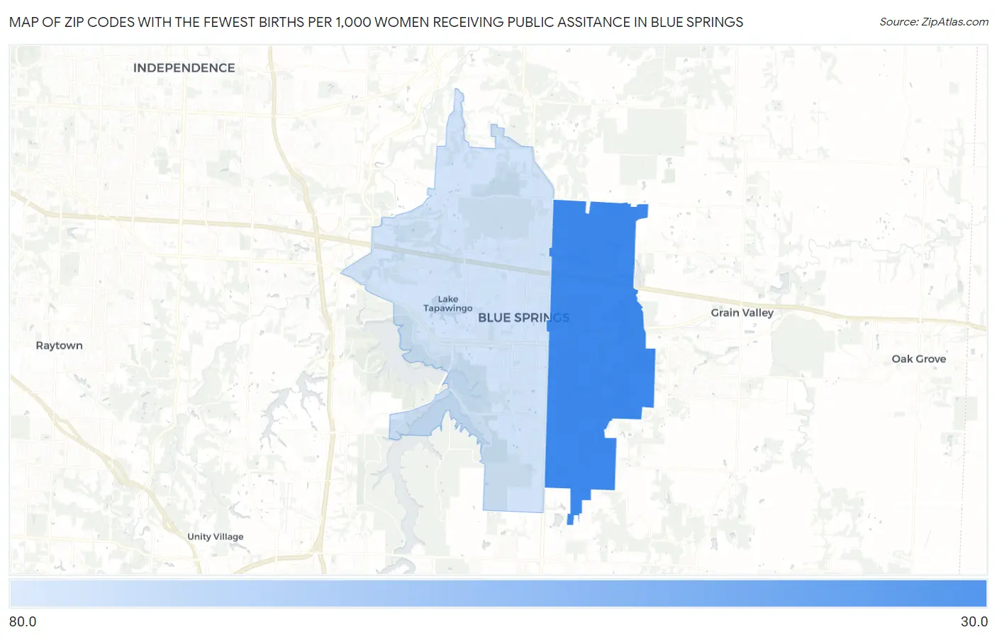 Zip Codes with the Fewest Births per 1,000 Women Receiving Public Assitance in Blue Springs Map