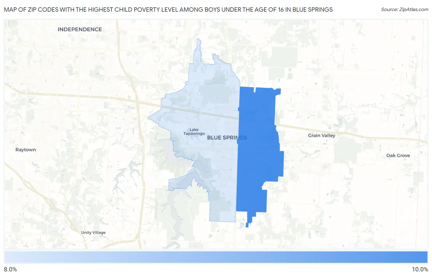 Zip Codes with the Highest Child Poverty Level Among Boys Under the Age of 16 in Blue Springs Map