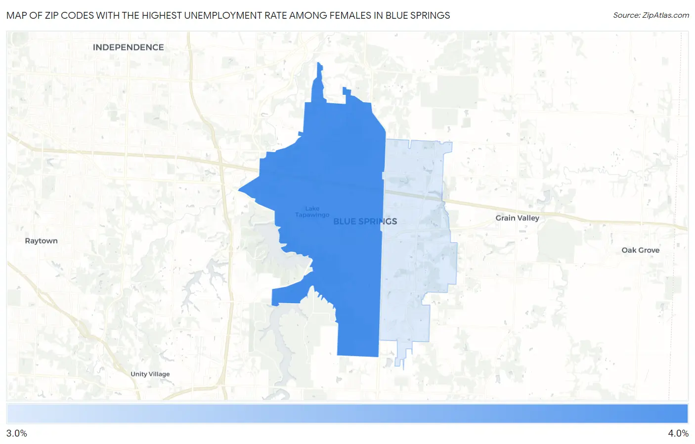 Zip Codes with the Highest Unemployment Rate Among Females in Blue Springs Map