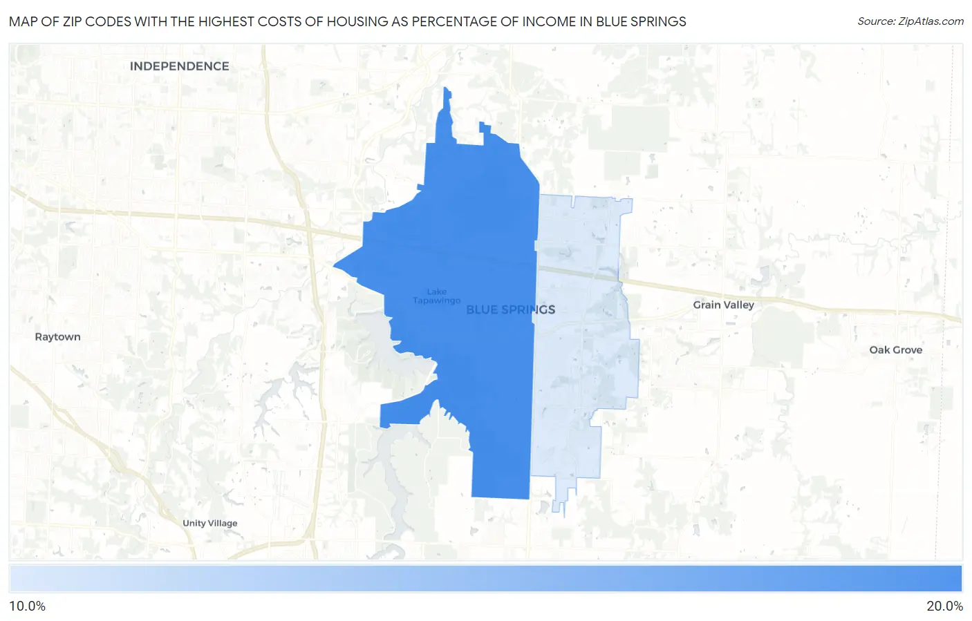 Zip Codes with the Highest Costs of Housing as Percentage of Income in Blue Springs Map