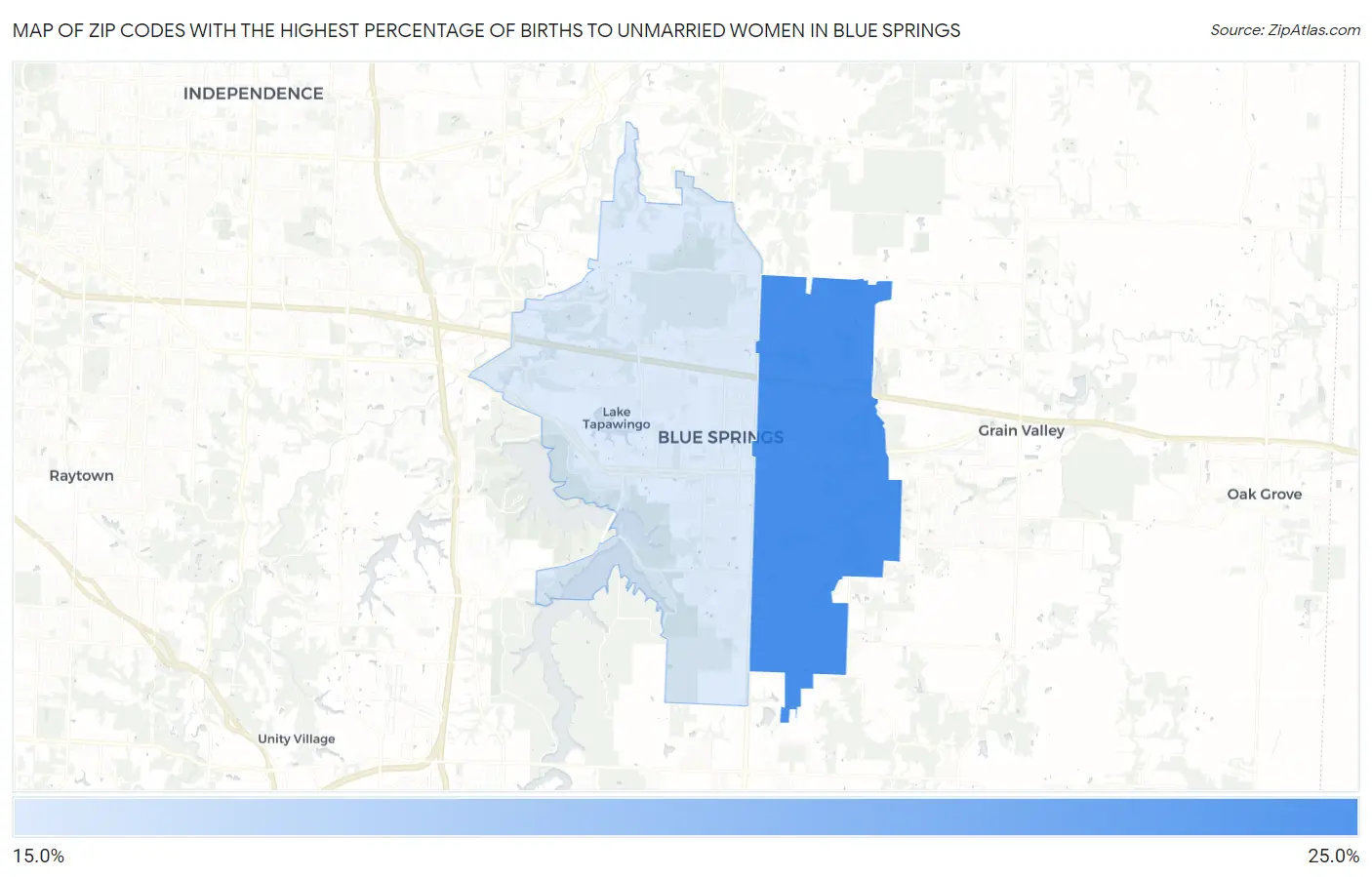 Zip Codes with the Highest Percentage of Births to Unmarried Women in Blue Springs Map