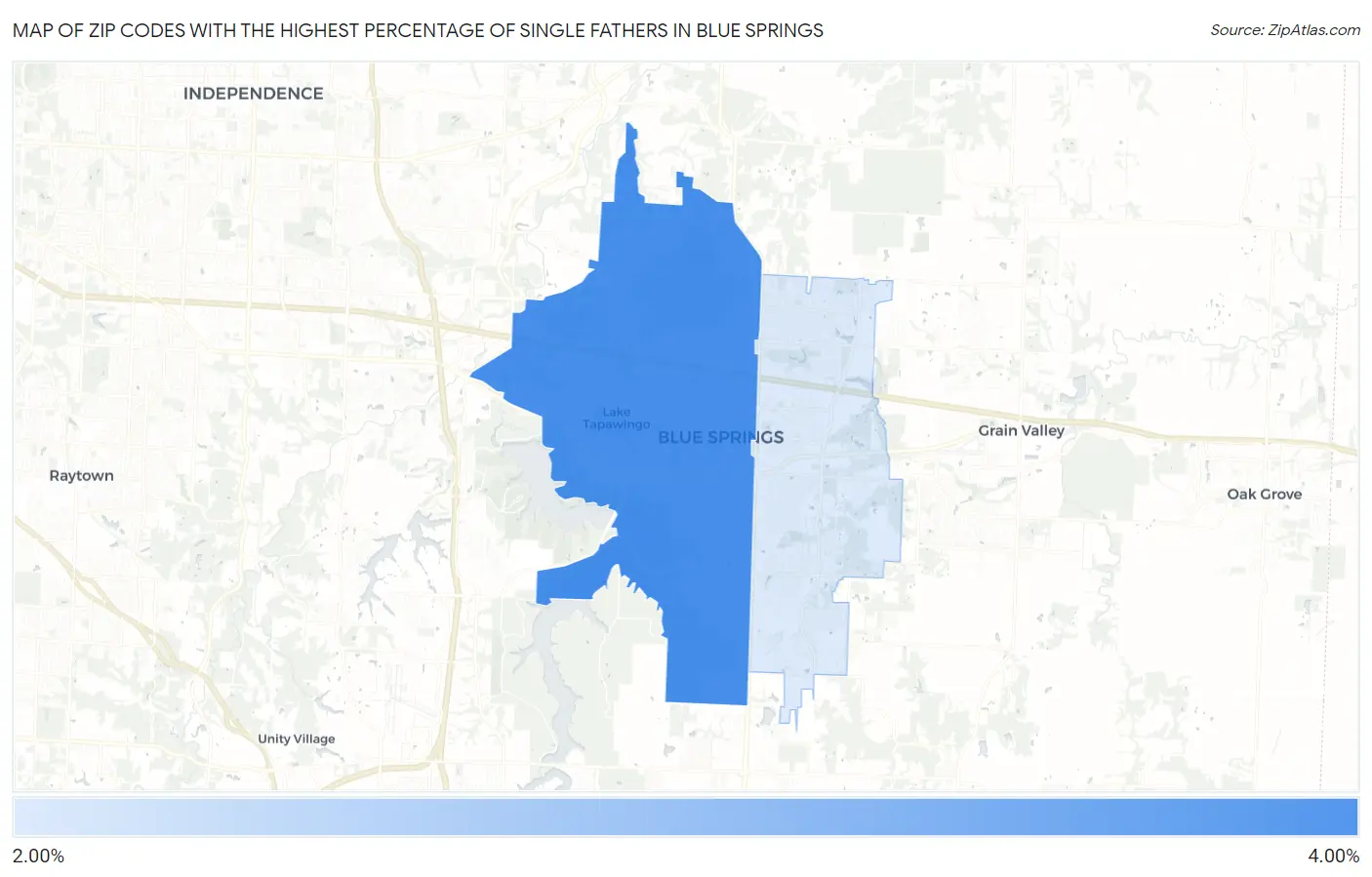 Zip Codes with the Highest Percentage of Single Fathers in Blue Springs Map