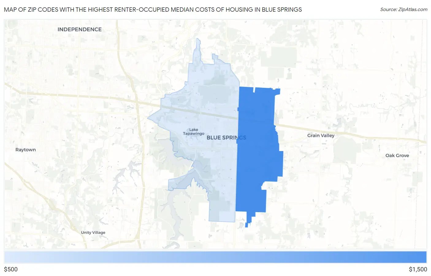 Zip Codes with the Highest Renter-Occupied Median Costs of Housing in Blue Springs Map