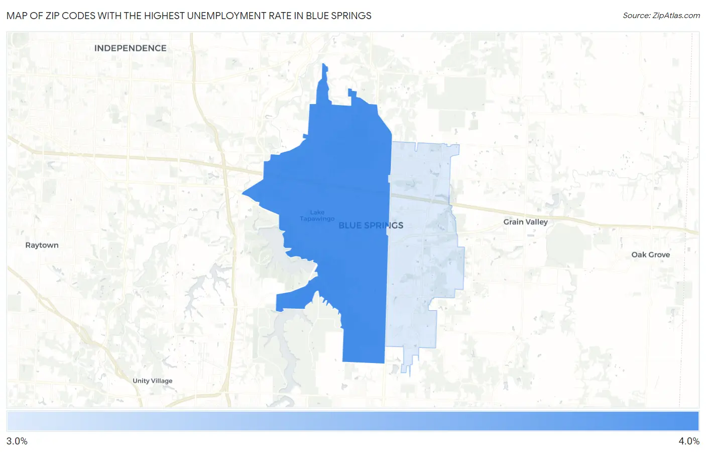 Zip Codes with the Highest Unemployment Rate in Blue Springs Map