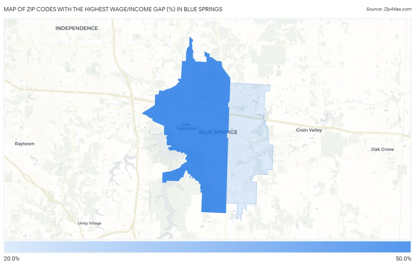 Zip Codes with the Highest Wage/Income Gap (%) in Blue Springs Map