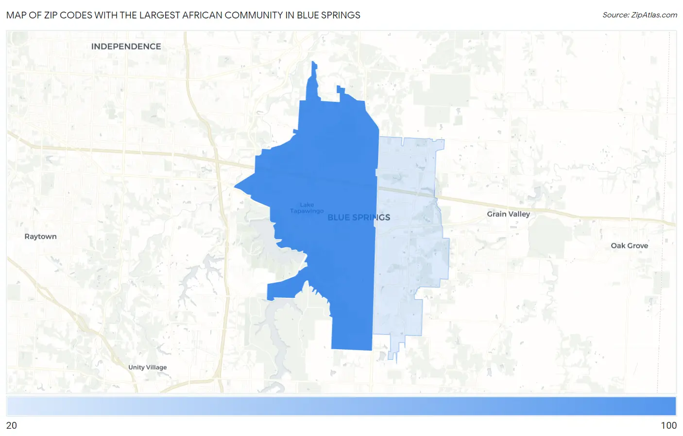 Zip Codes with the Largest African Community in Blue Springs Map