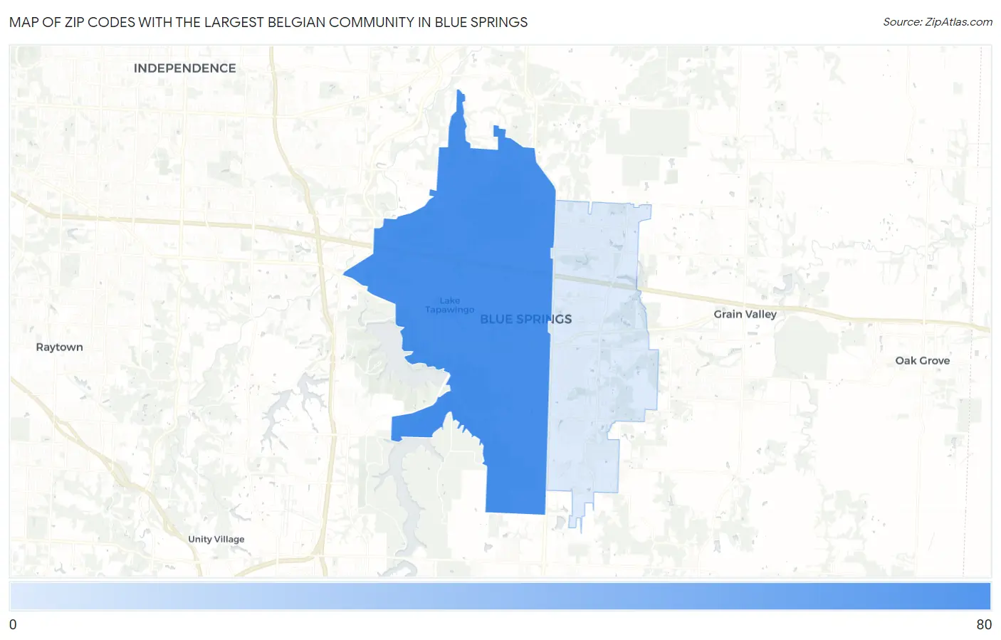 Zip Codes with the Largest Belgian Community in Blue Springs Map