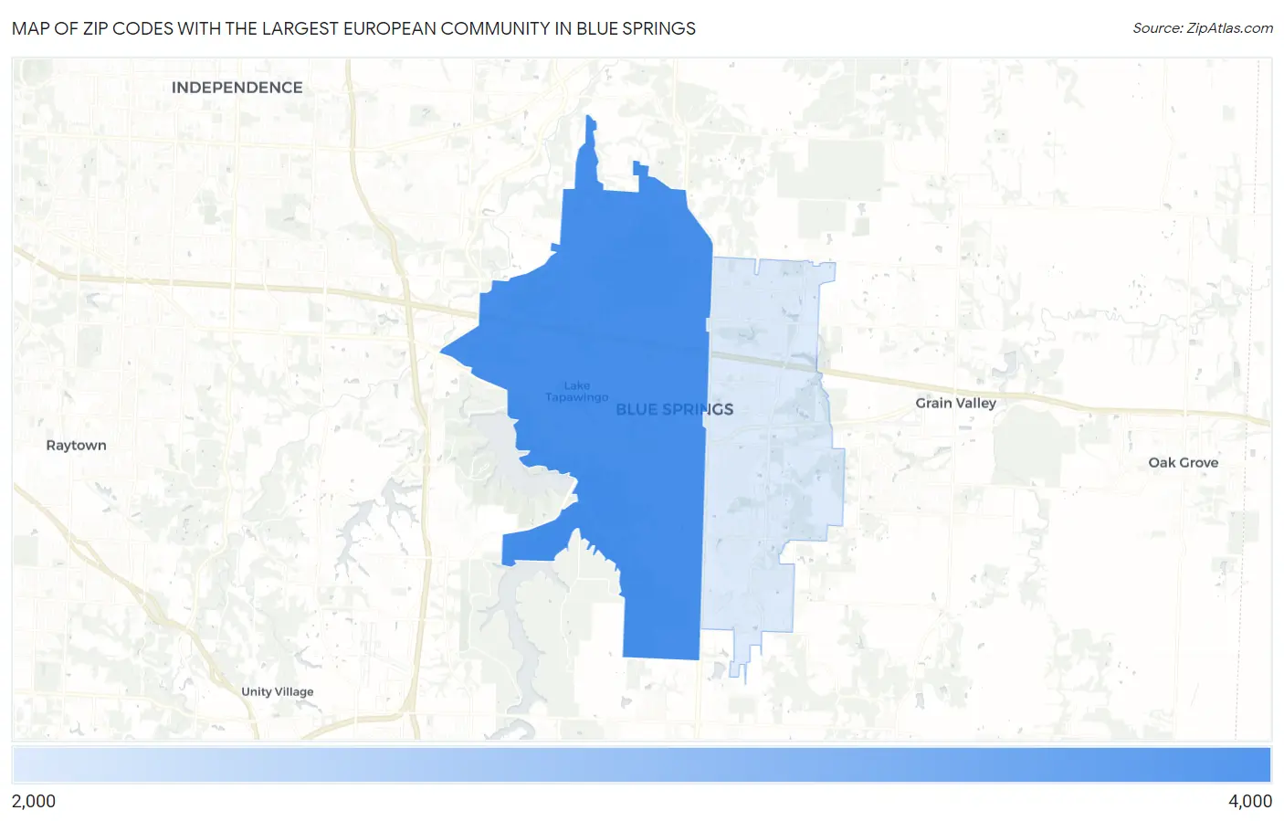 Zip Codes with the Largest European Community in Blue Springs Map