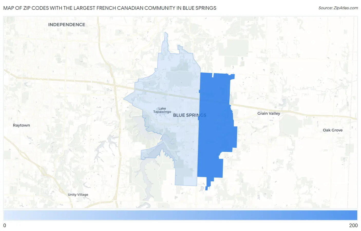 Zip Codes with the Largest French Canadian Community in Blue Springs Map