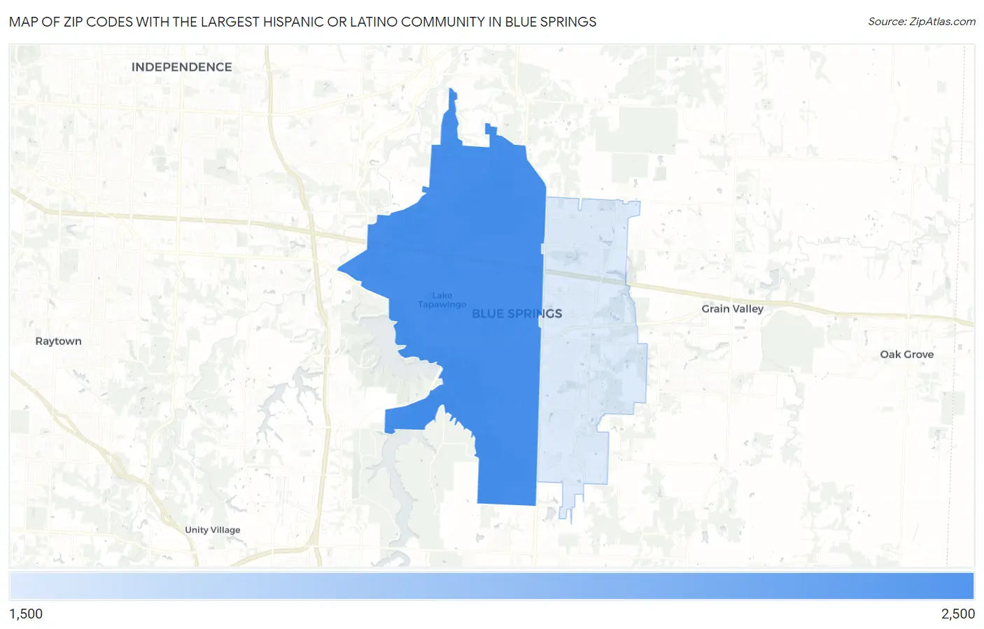 Zip Codes with the Largest Hispanic or Latino Community in Blue Springs Map