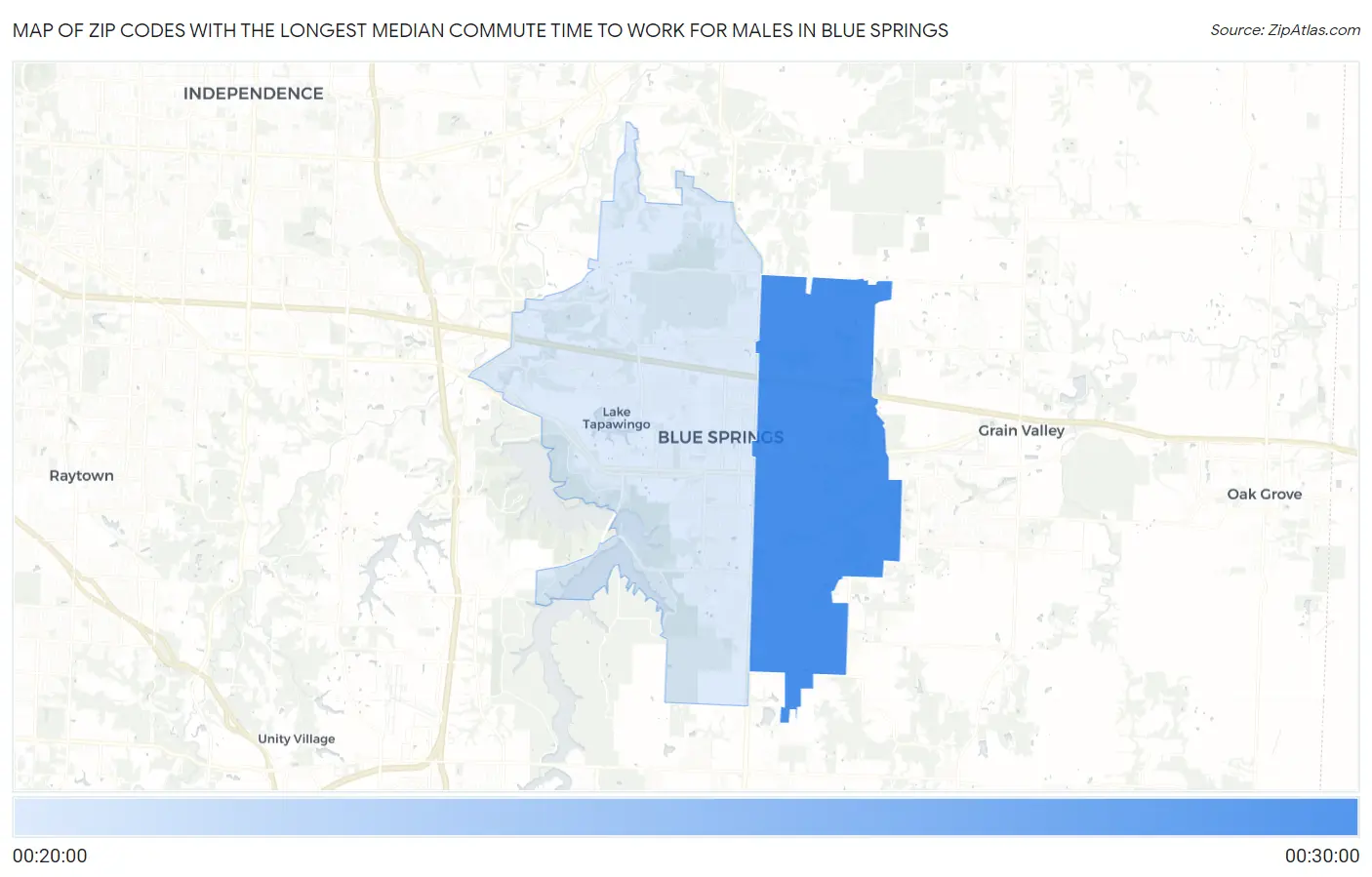 Zip Codes with the Longest Median Commute Time to Work for Males in Blue Springs Map