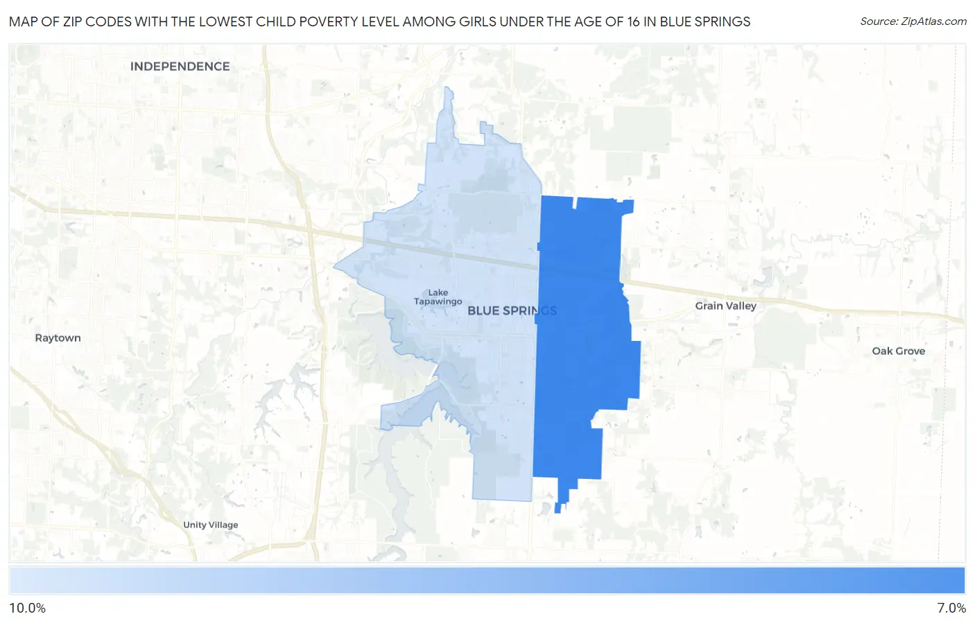 Zip Codes with the Lowest Child Poverty Level Among Girls Under the Age of 16 in Blue Springs Map