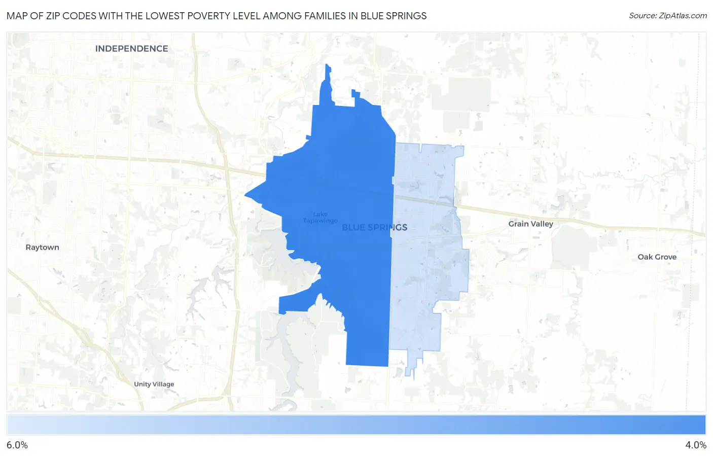 Zip Codes with the Lowest Poverty Level Among Families in Blue Springs Map
