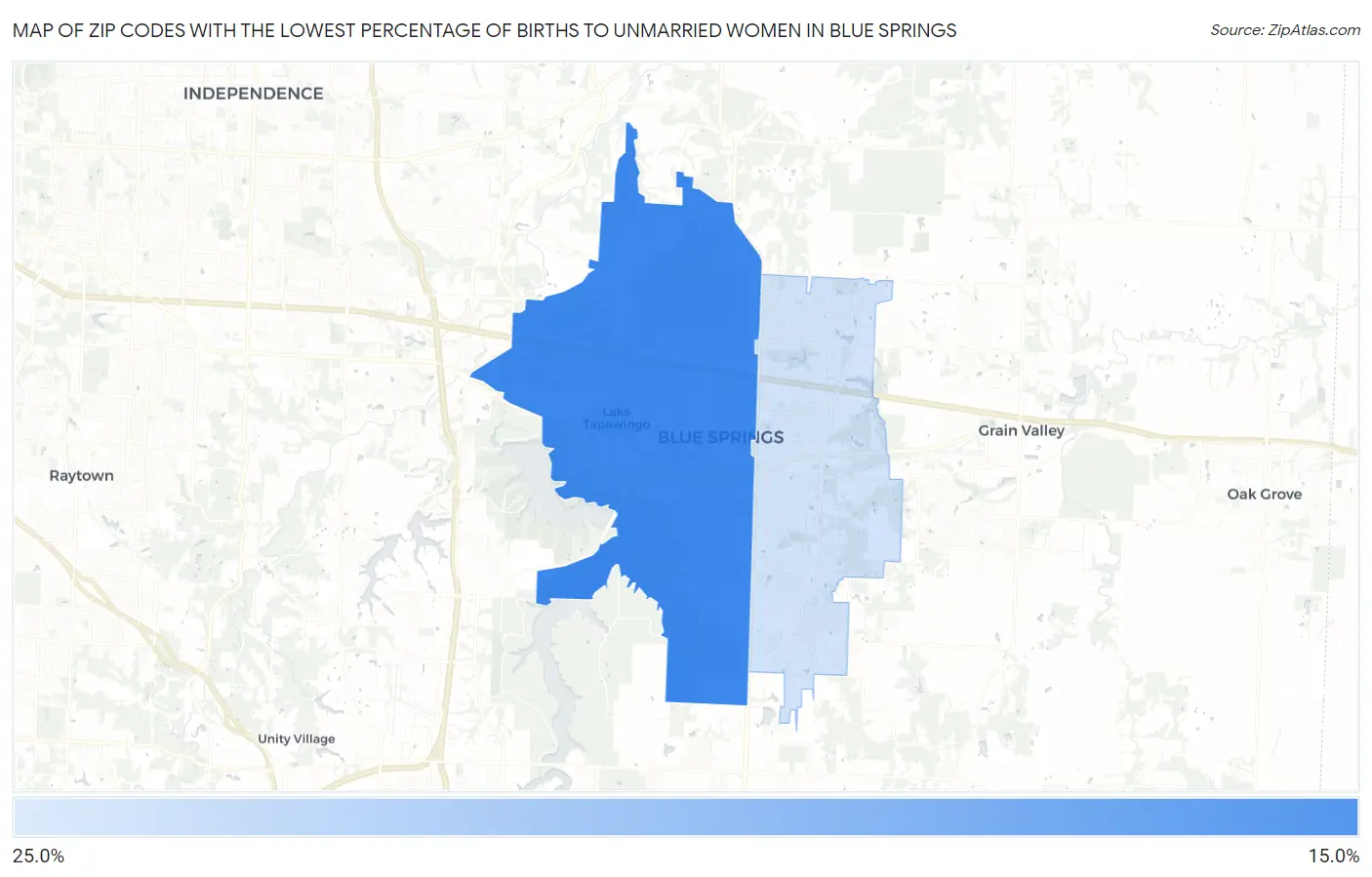 Zip Codes with the Lowest Percentage of Births to Unmarried Women in Blue Springs Map