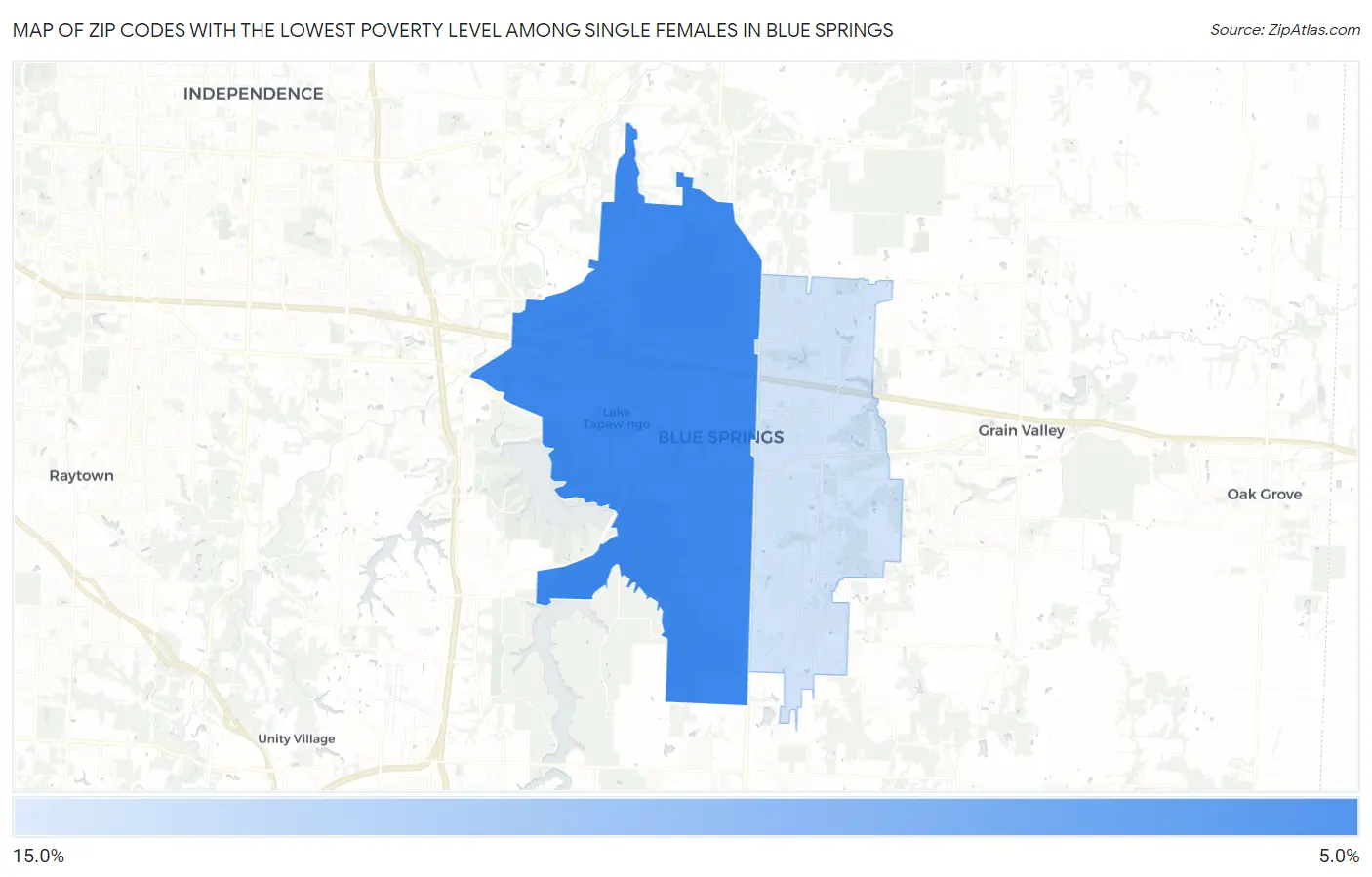 Zip Codes with the Lowest Poverty Level Among Single Females in Blue Springs Map