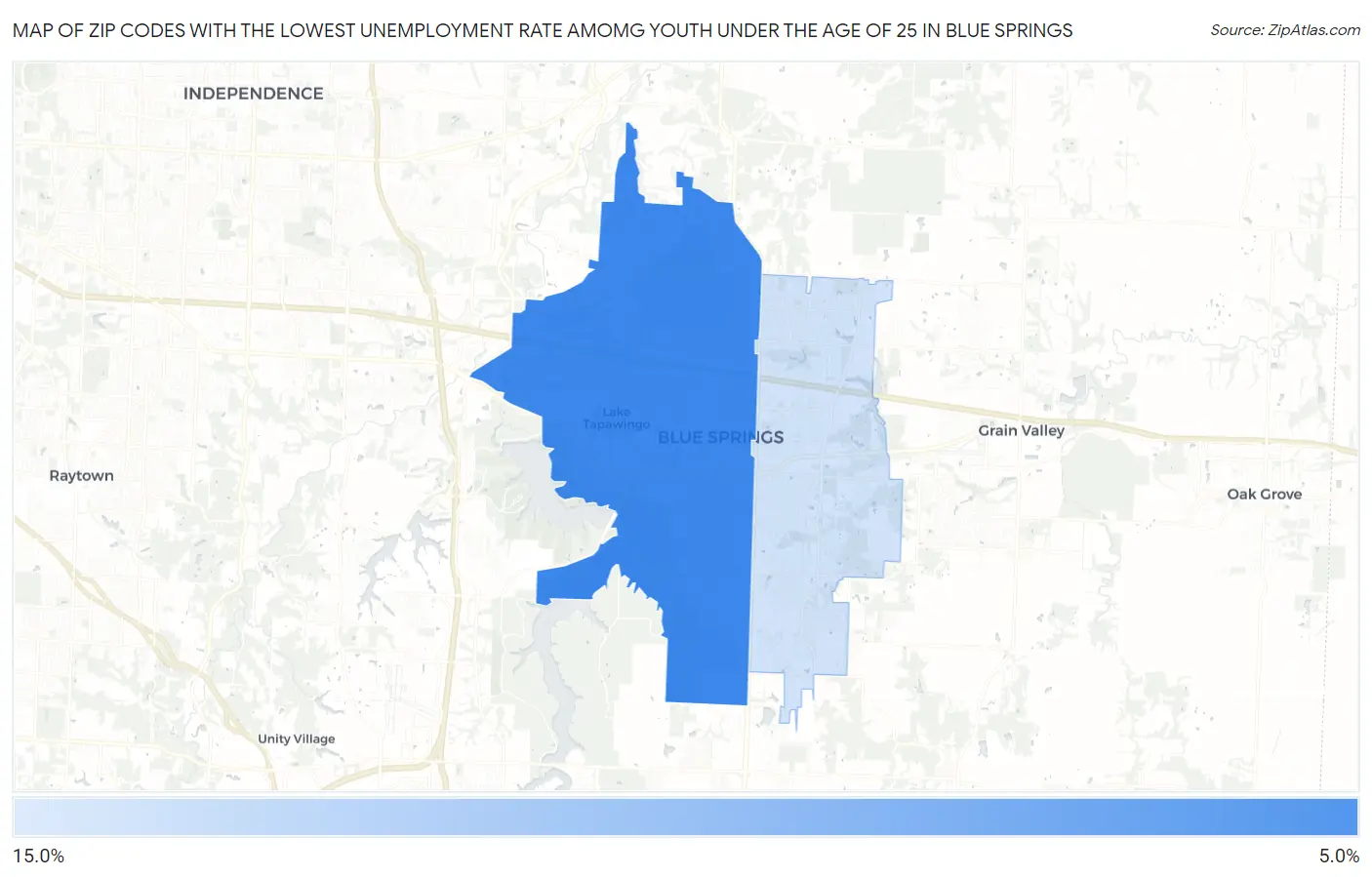 Zip Codes with the Lowest Unemployment Rate Amomg Youth Under the Age of 25 in Blue Springs Map