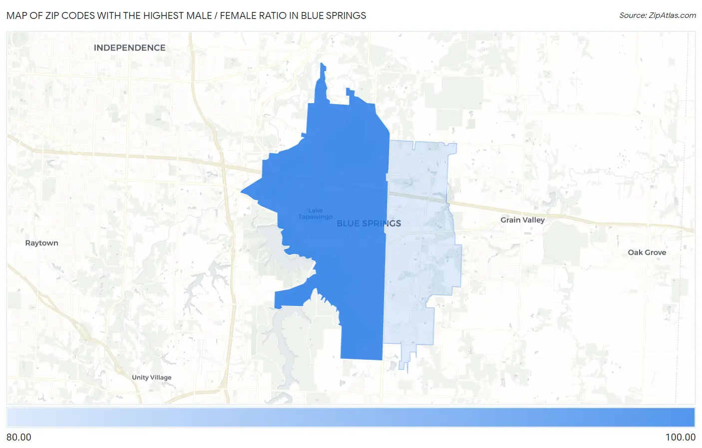 Zip Codes with the Highest Male / Female Ratio in Blue Springs Map