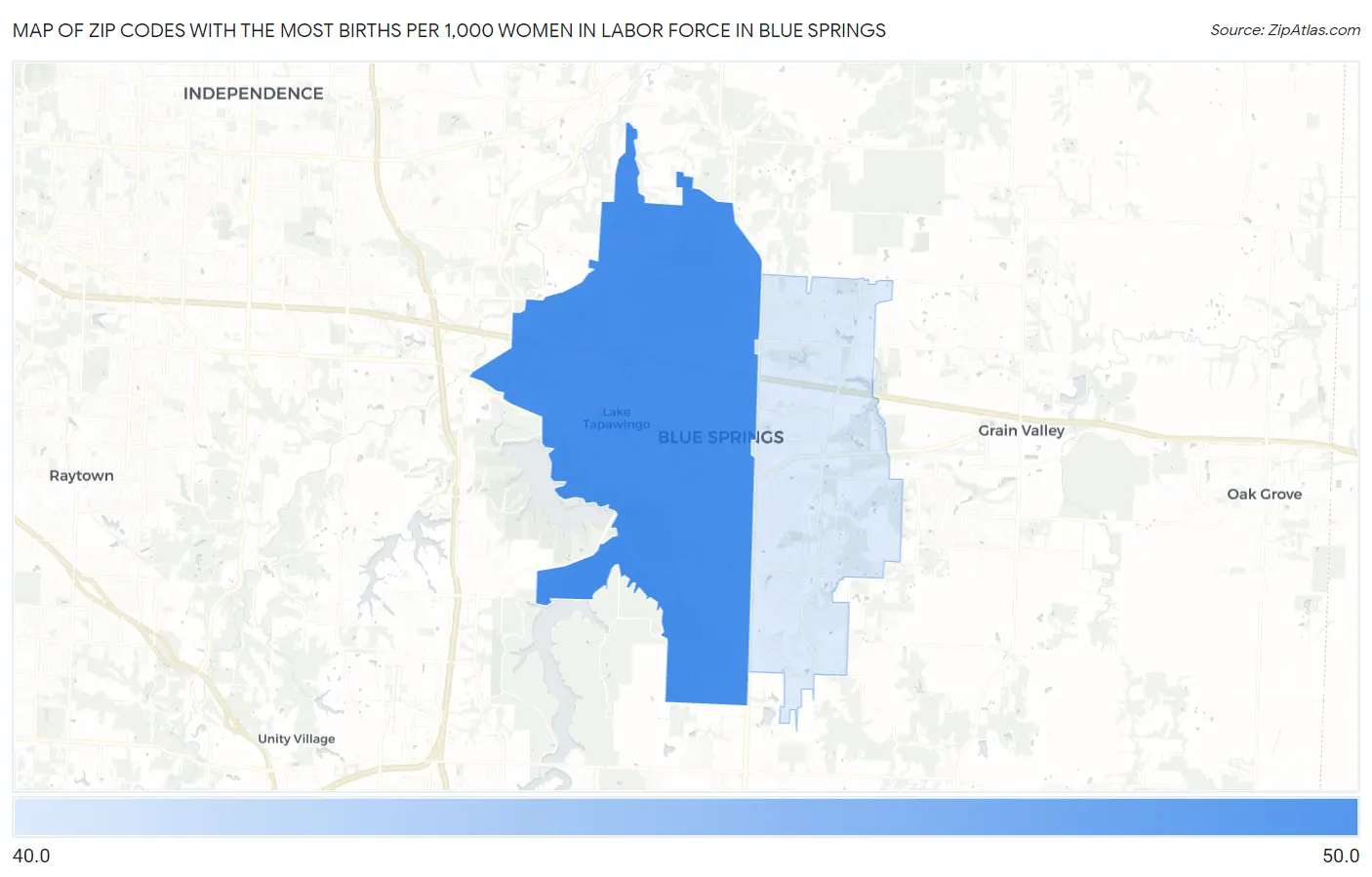 Zip Codes with the Most Births per 1,000 Women in Labor Force in Blue Springs Map