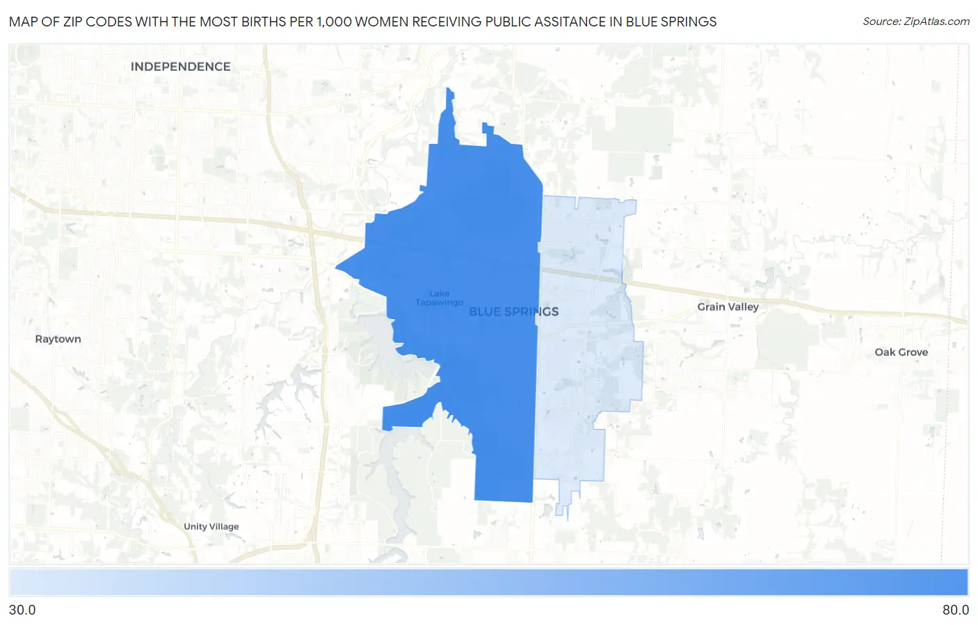 Zip Codes with the Most Births per 1,000 Women Receiving Public Assitance in Blue Springs Map