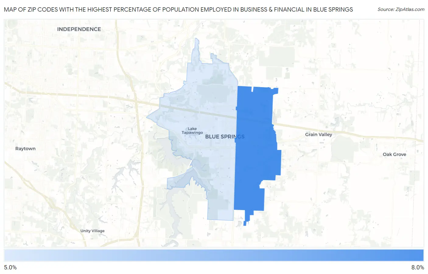 Zip Codes with the Highest Percentage of Population Employed in Business & Financial in Blue Springs Map