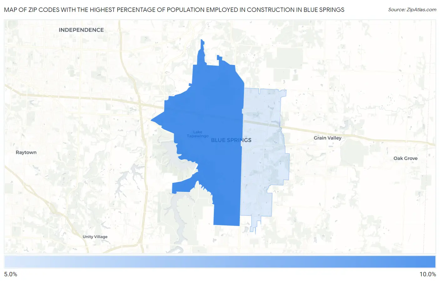 Zip Codes with the Highest Percentage of Population Employed in Construction in Blue Springs Map