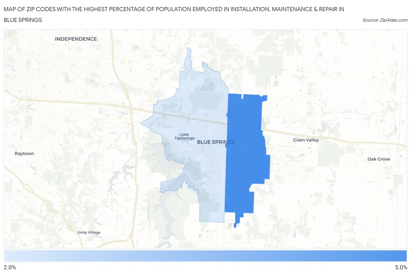 Zip Codes with the Highest Percentage of Population Employed in Installation, Maintenance & Repair in Blue Springs Map