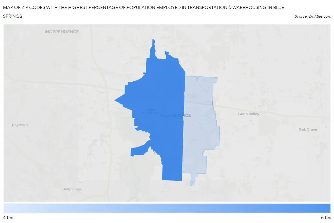 Zip Codes with the Highest Percentage of Population Employed in Transportation & Warehousing in Blue Springs Map