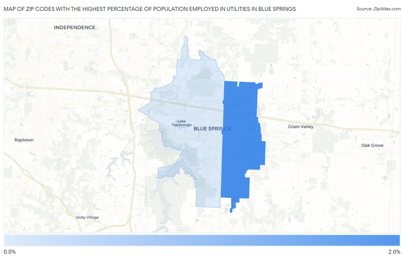 Zip Codes with the Highest Percentage of Population Employed in Utilities in Blue Springs Map