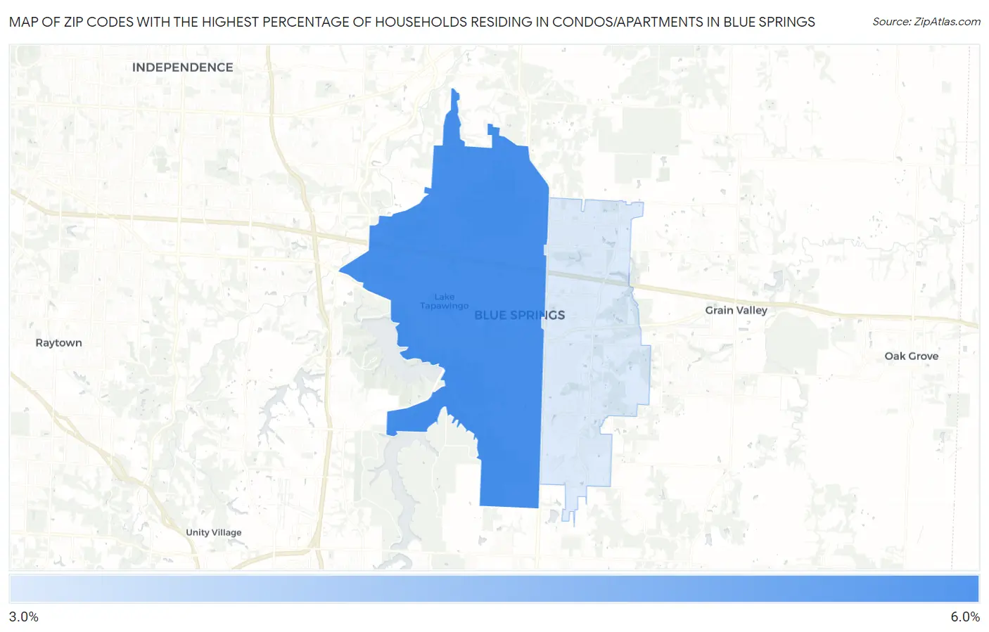 Zip Codes with the Highest Percentage of Households Residing in Condos/Apartments in Blue Springs Map