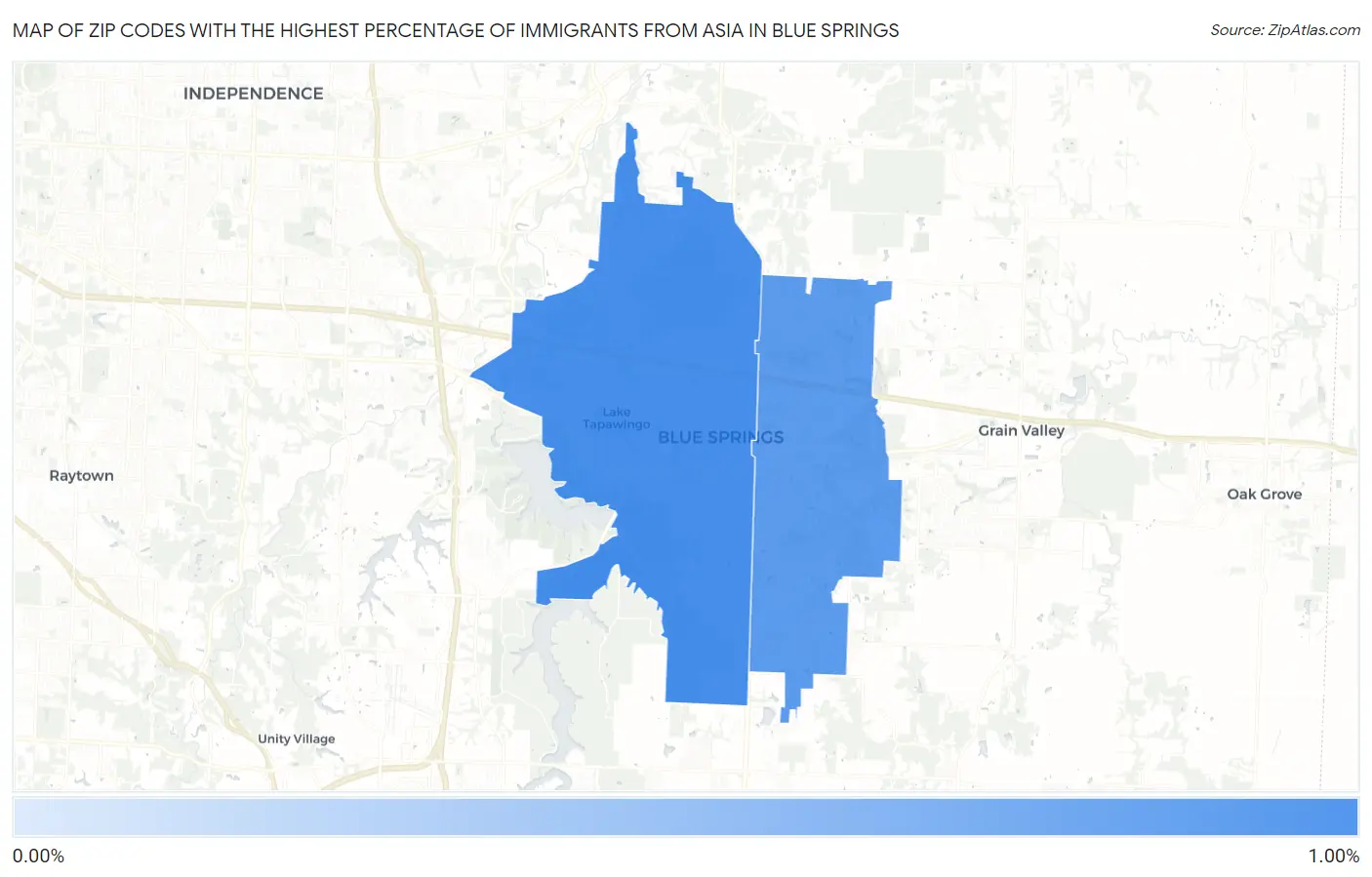 Zip Codes with the Highest Percentage of Immigrants from Asia in Blue Springs Map