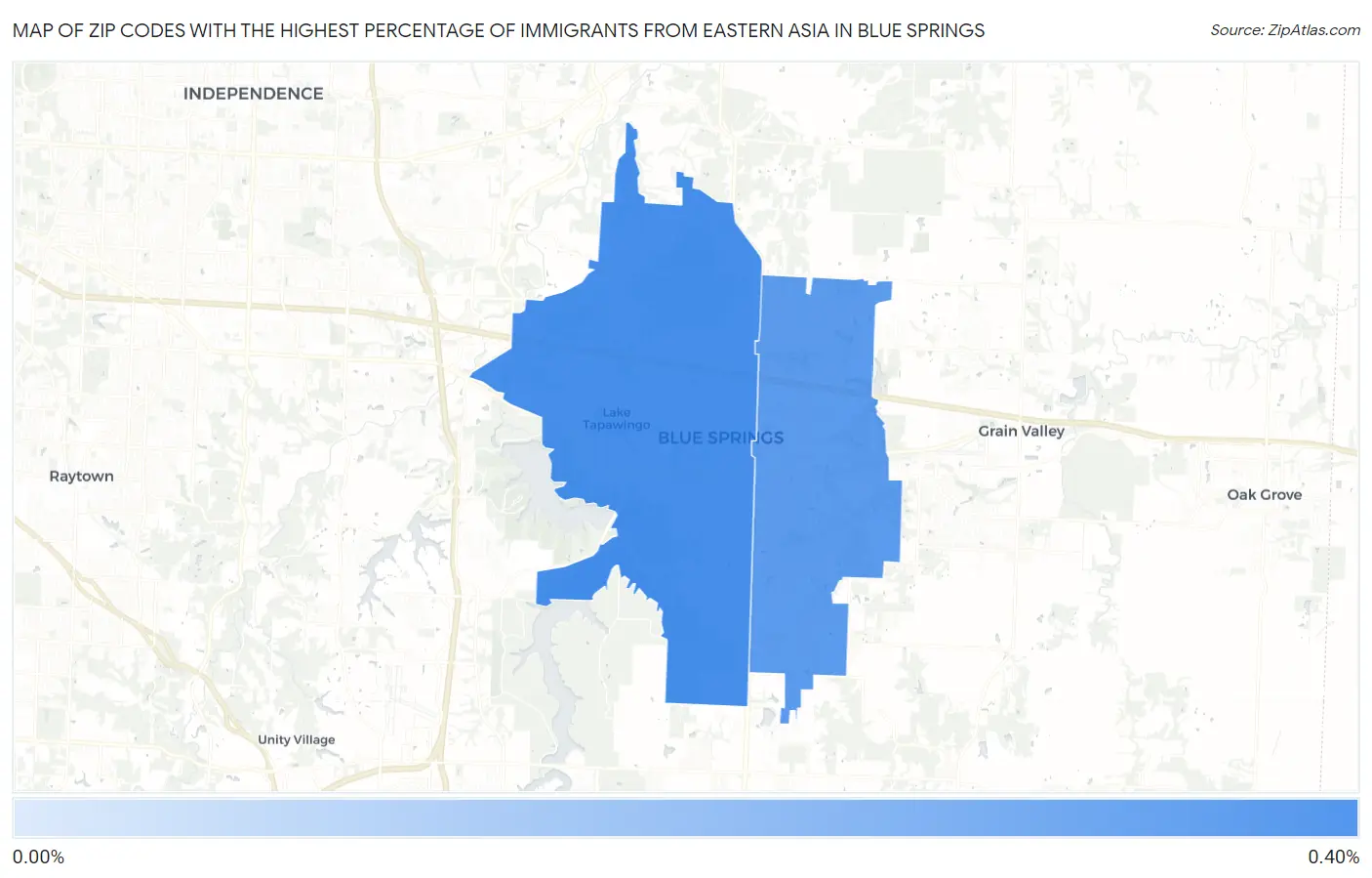 Zip Codes with the Highest Percentage of Immigrants from Eastern Asia in Blue Springs Map