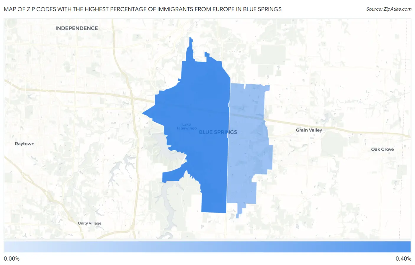 Zip Codes with the Highest Percentage of Immigrants from Europe in Blue Springs Map