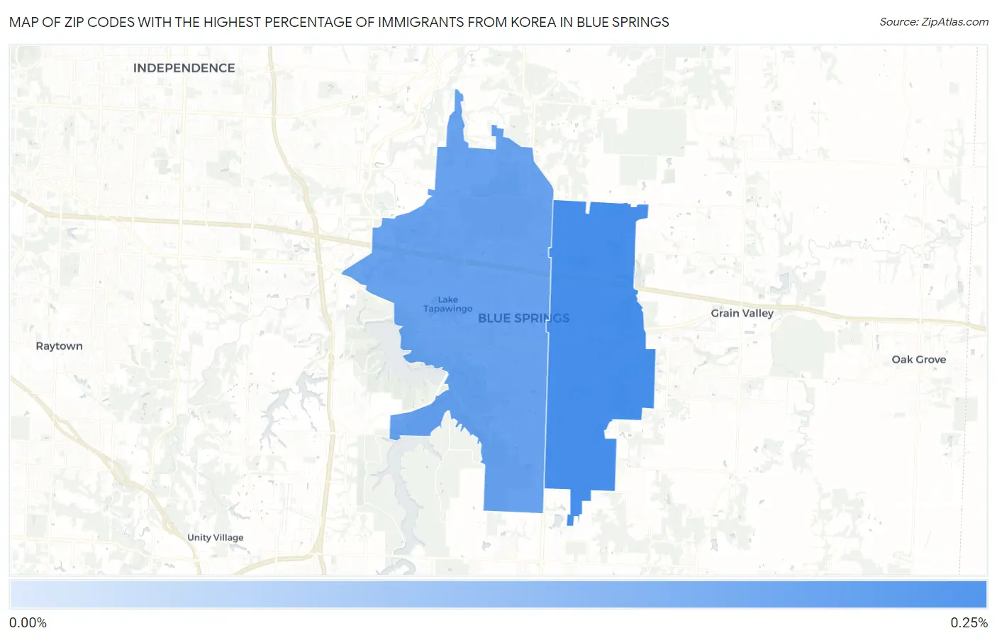 Zip Codes with the Highest Percentage of Immigrants from Korea in Blue Springs Map