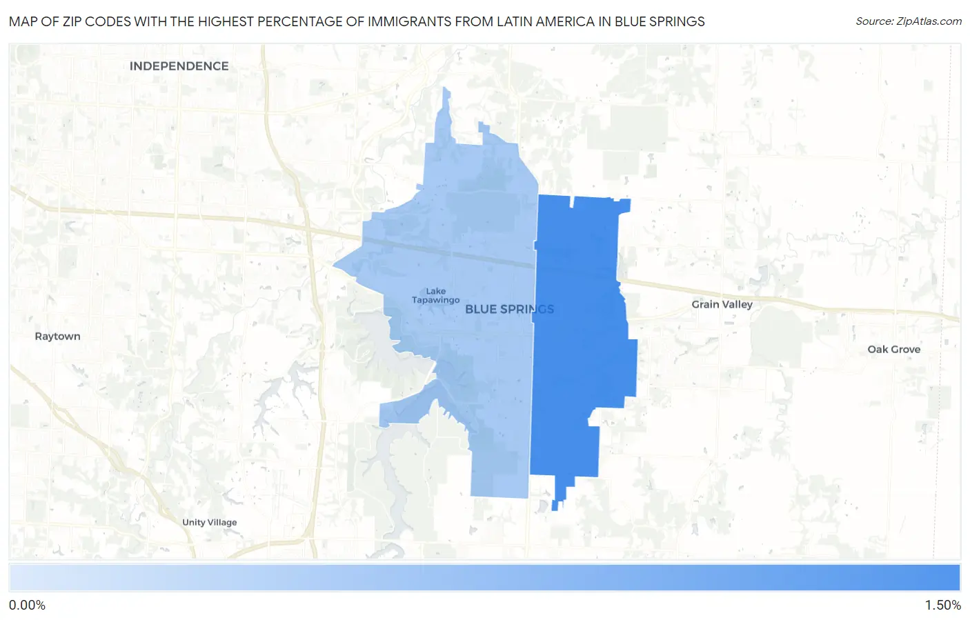 Zip Codes with the Highest Percentage of Immigrants from Latin America in Blue Springs Map