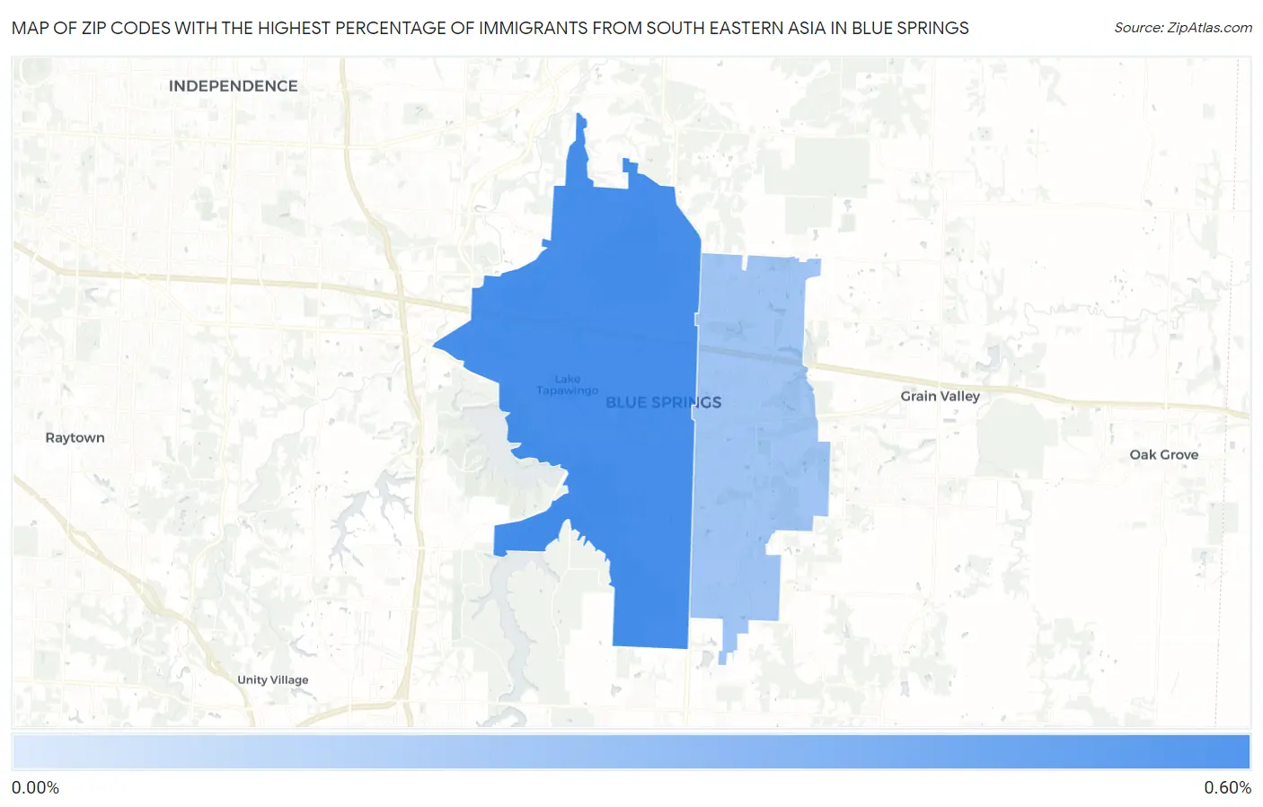 Zip Codes with the Highest Percentage of Immigrants from South Eastern Asia in Blue Springs Map