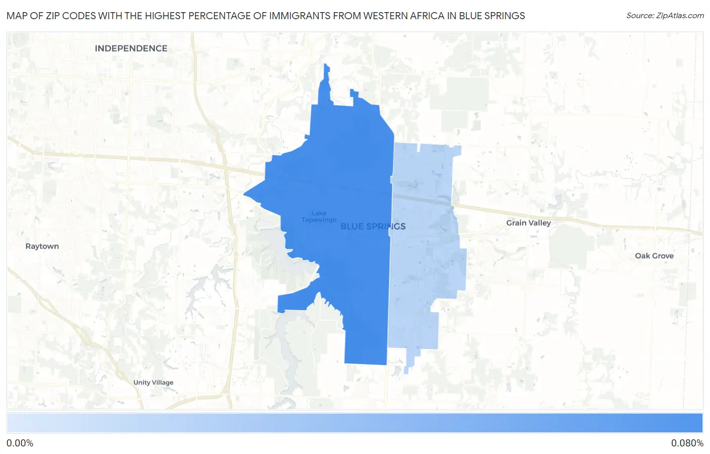 Zip Codes with the Highest Percentage of Immigrants from Western Africa in Blue Springs Map