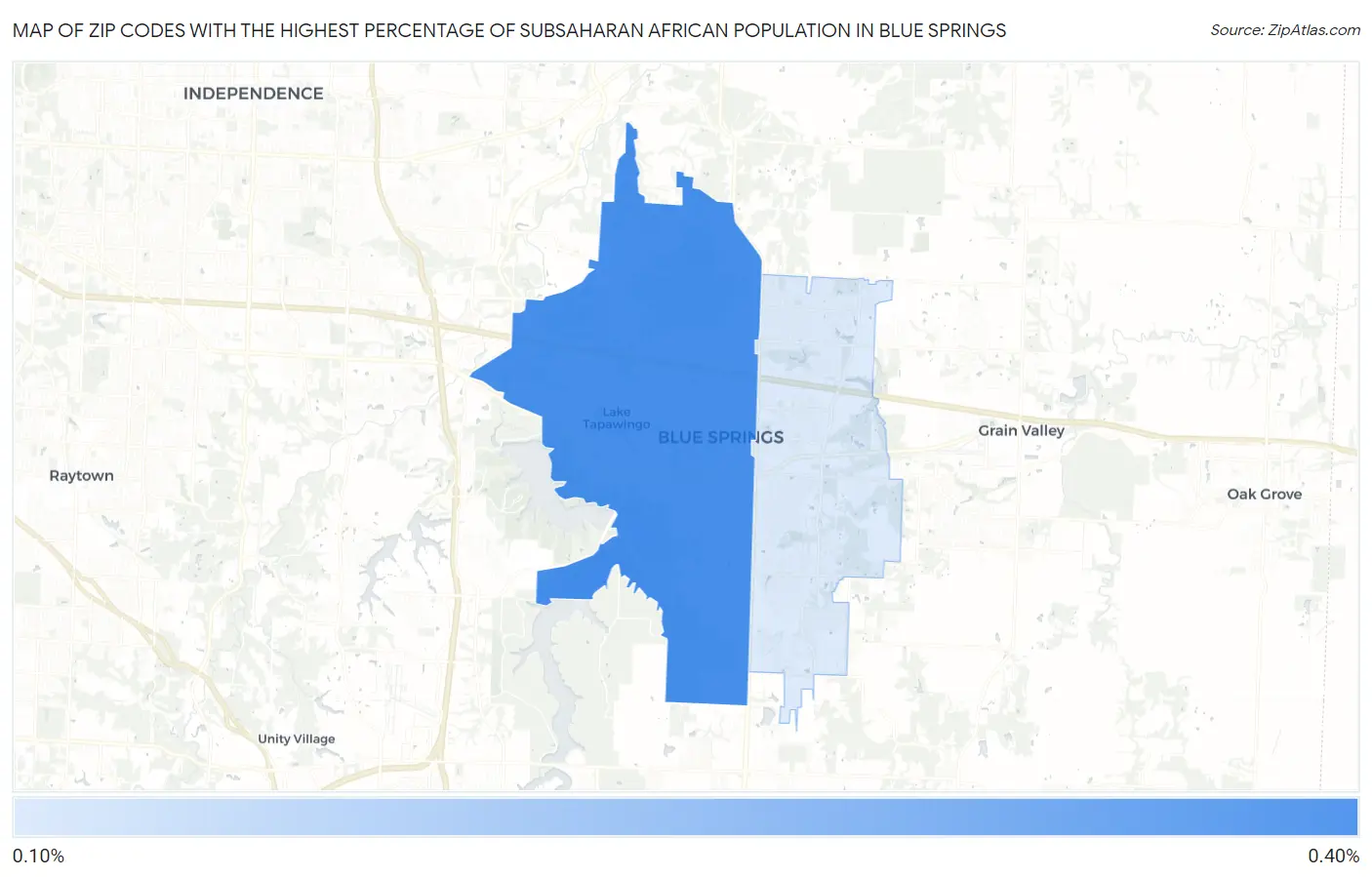 Zip Codes with the Highest Percentage of Subsaharan African Population in Blue Springs Map