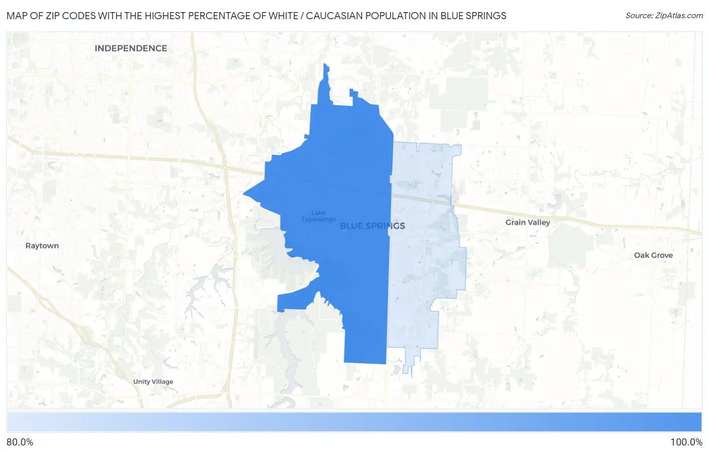 Zip Codes with the Highest Percentage of White / Caucasian Population in Blue Springs Map