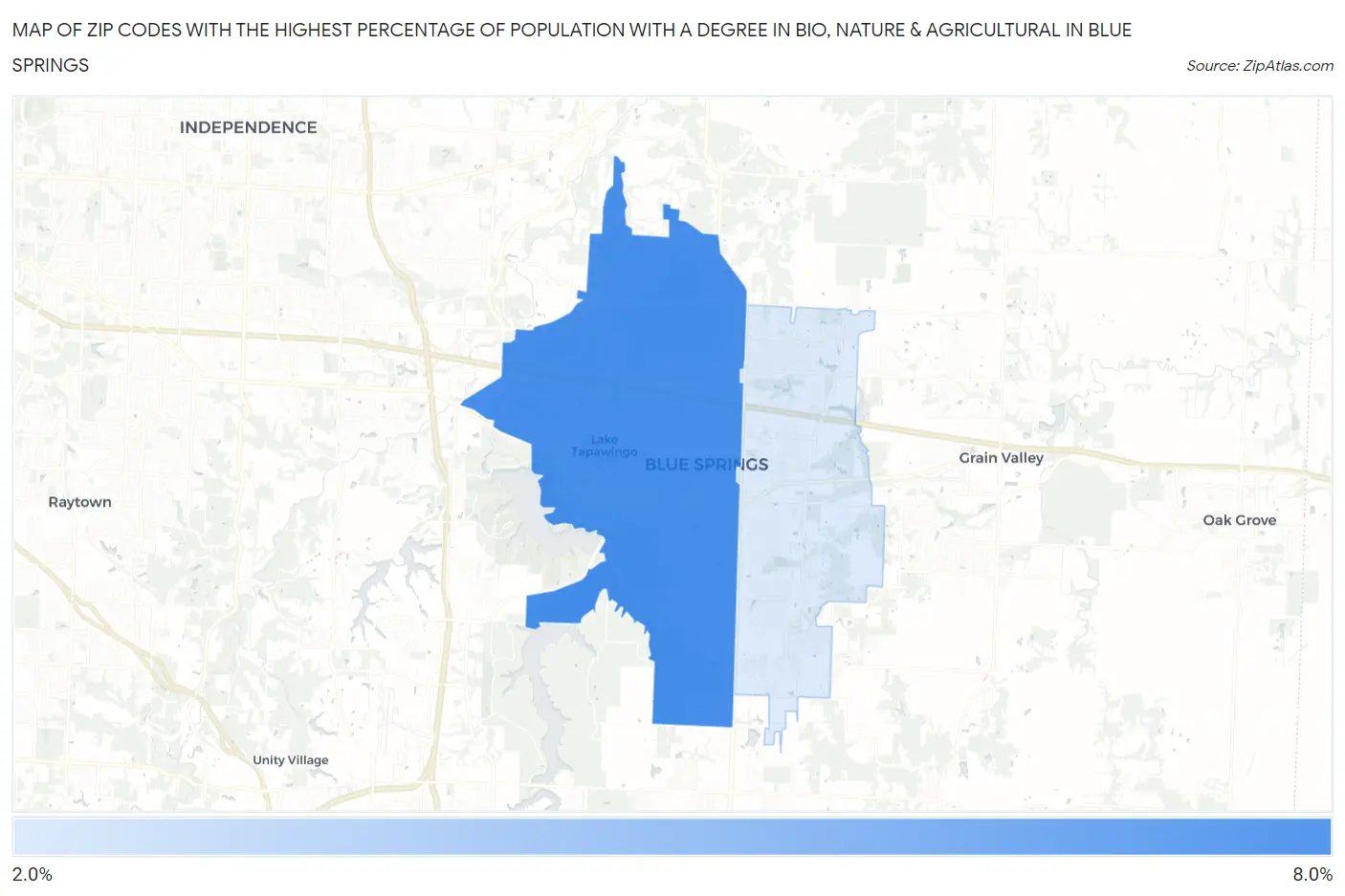Zip Codes with the Highest Percentage of Population with a Degree in Bio, Nature & Agricultural in Blue Springs Map