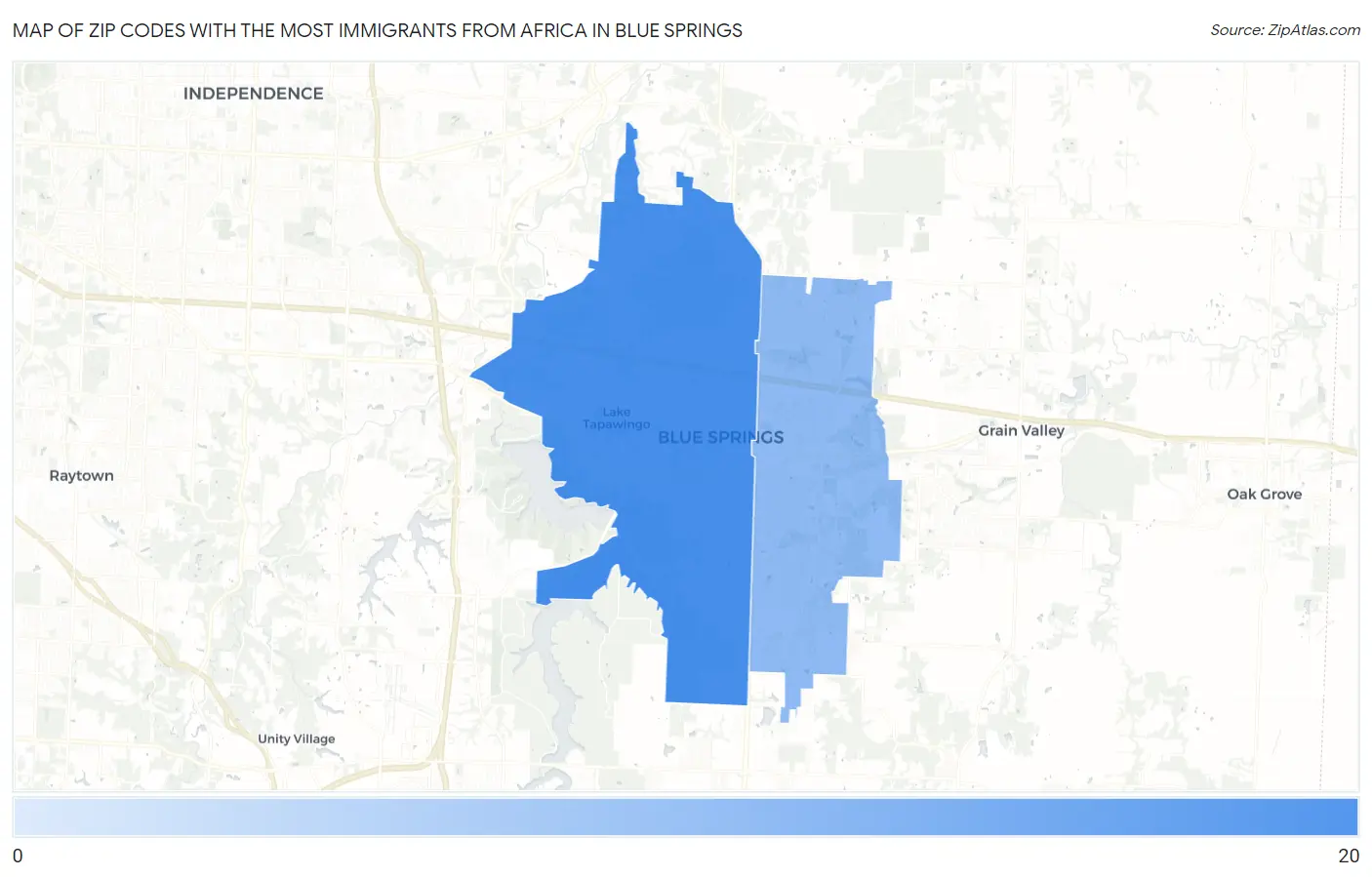 Zip Codes with the Most Immigrants from Africa in Blue Springs Map