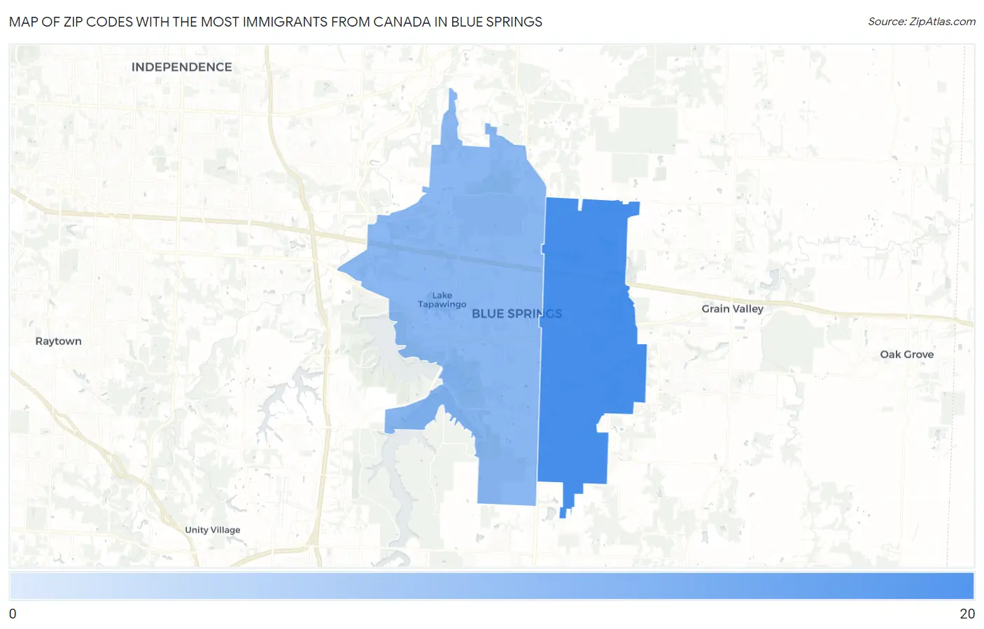 Zip Codes with the Most Immigrants from Canada in Blue Springs Map