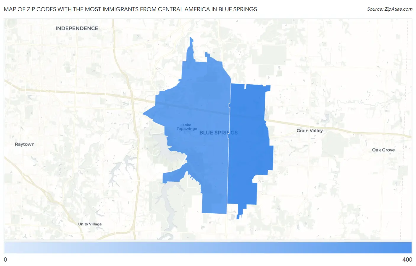 Zip Codes with the Most Immigrants from Central America in Blue Springs Map
