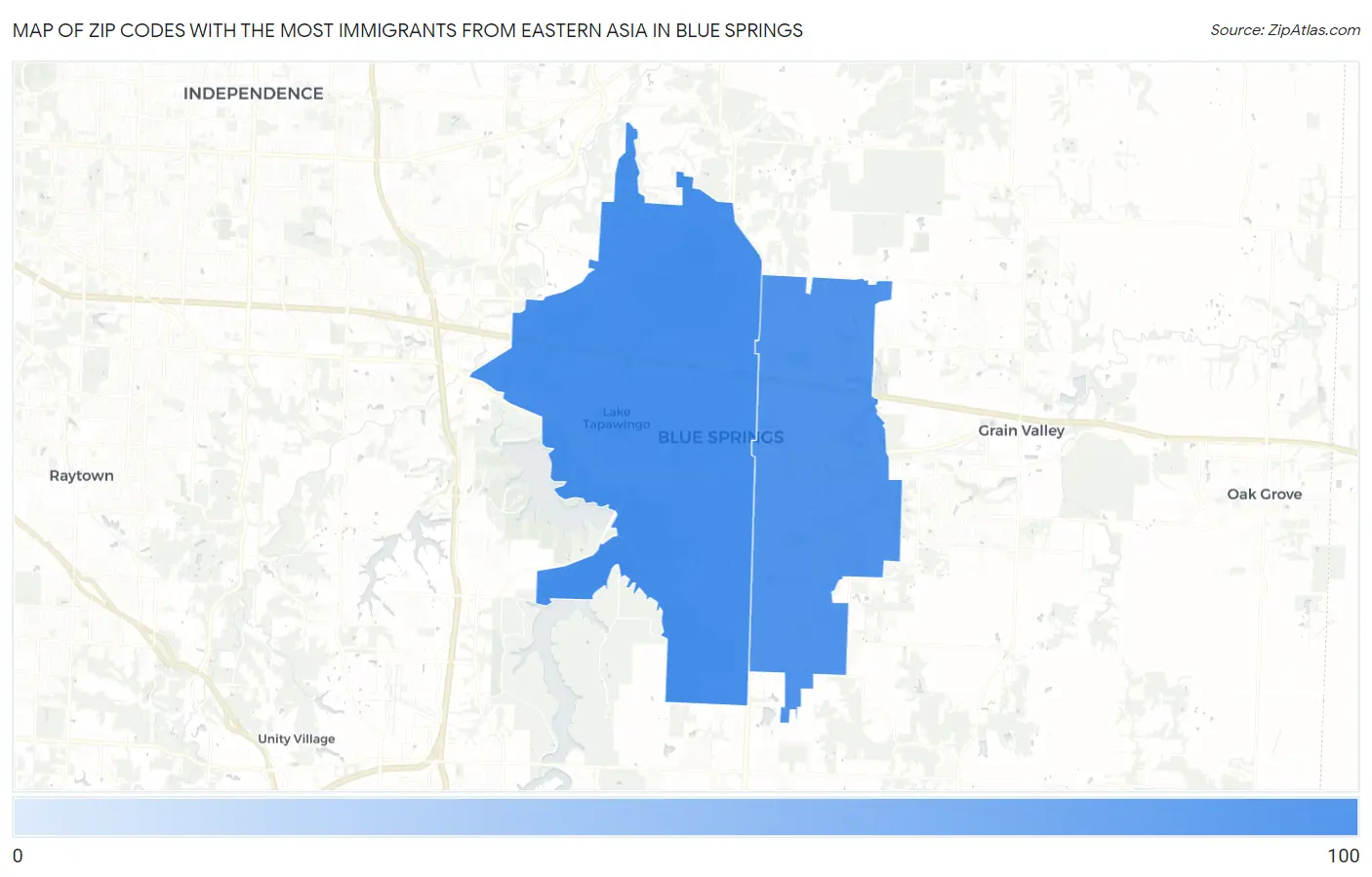 Zip Codes with the Most Immigrants from Eastern Asia in Blue Springs Map