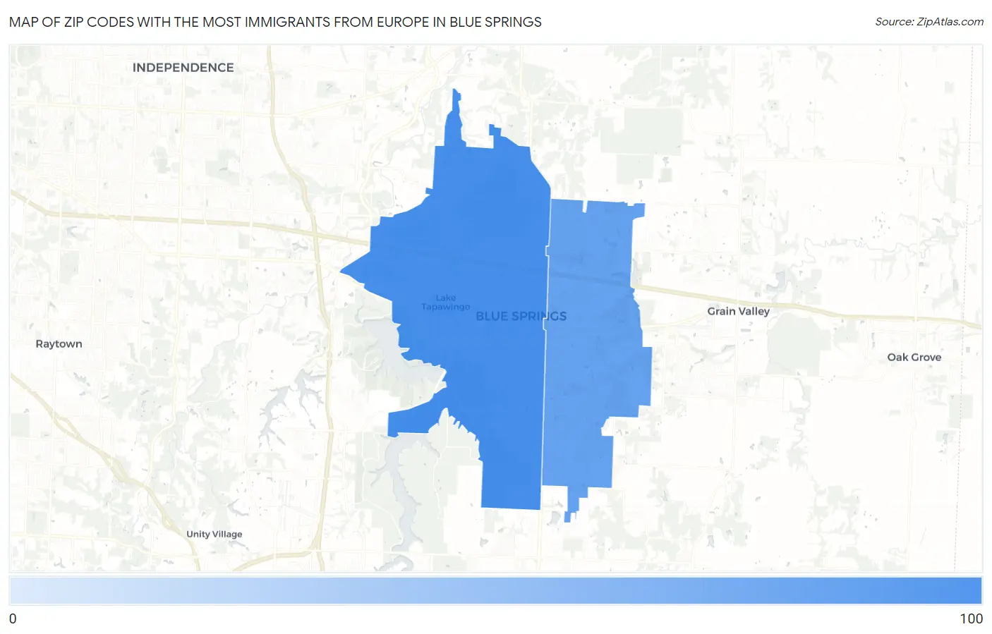 Zip Codes with the Most Immigrants from Europe in Blue Springs Map