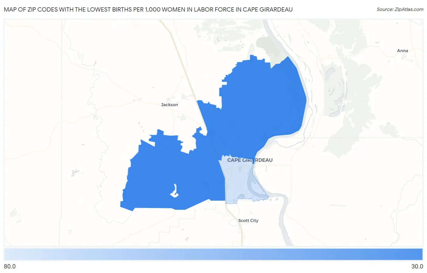 Zip Codes with the Lowest Births per 1,000 Women in Labor Force in Cape Girardeau Map